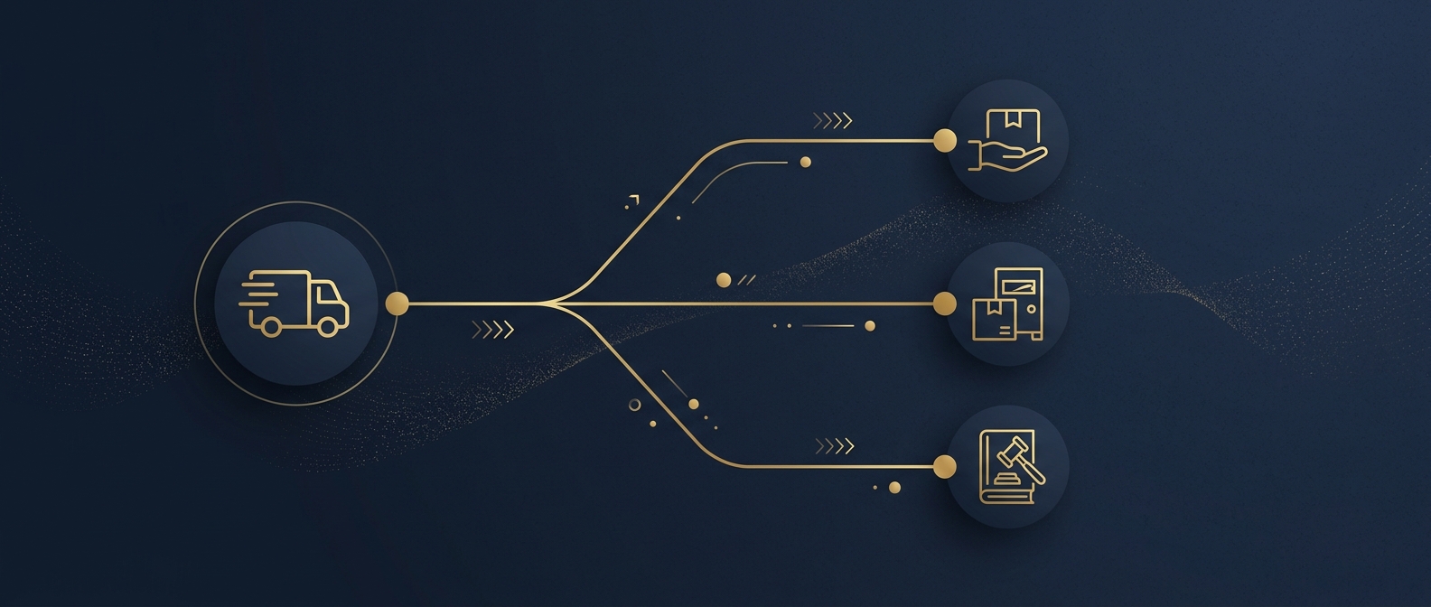 Abstract navy-and-gold diagram of a branching service-of-process decision path from attempted delivery toward personal, substitute, and court-ordered outcomes