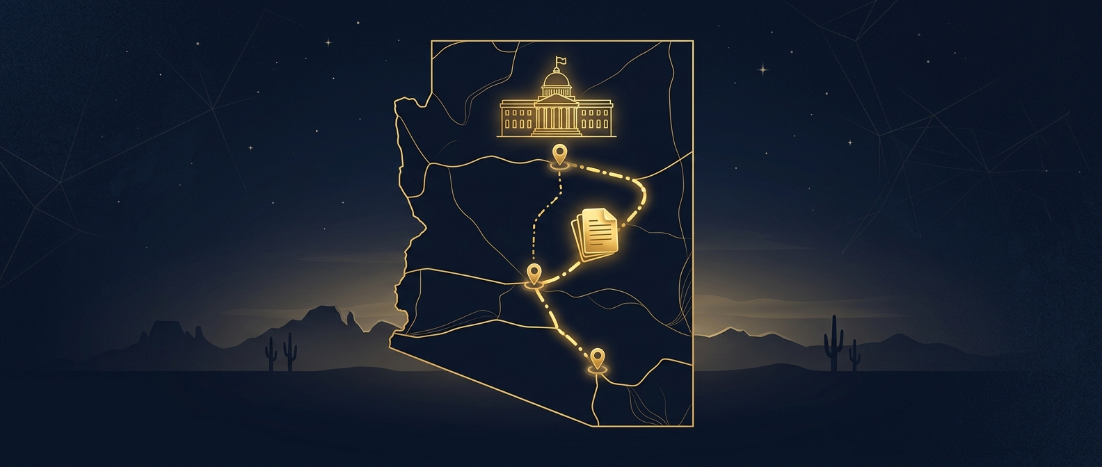 Abstract navy-and-gold illustration of a document routed across an Arizona state outline toward a courthouse node, representing statewide process serving