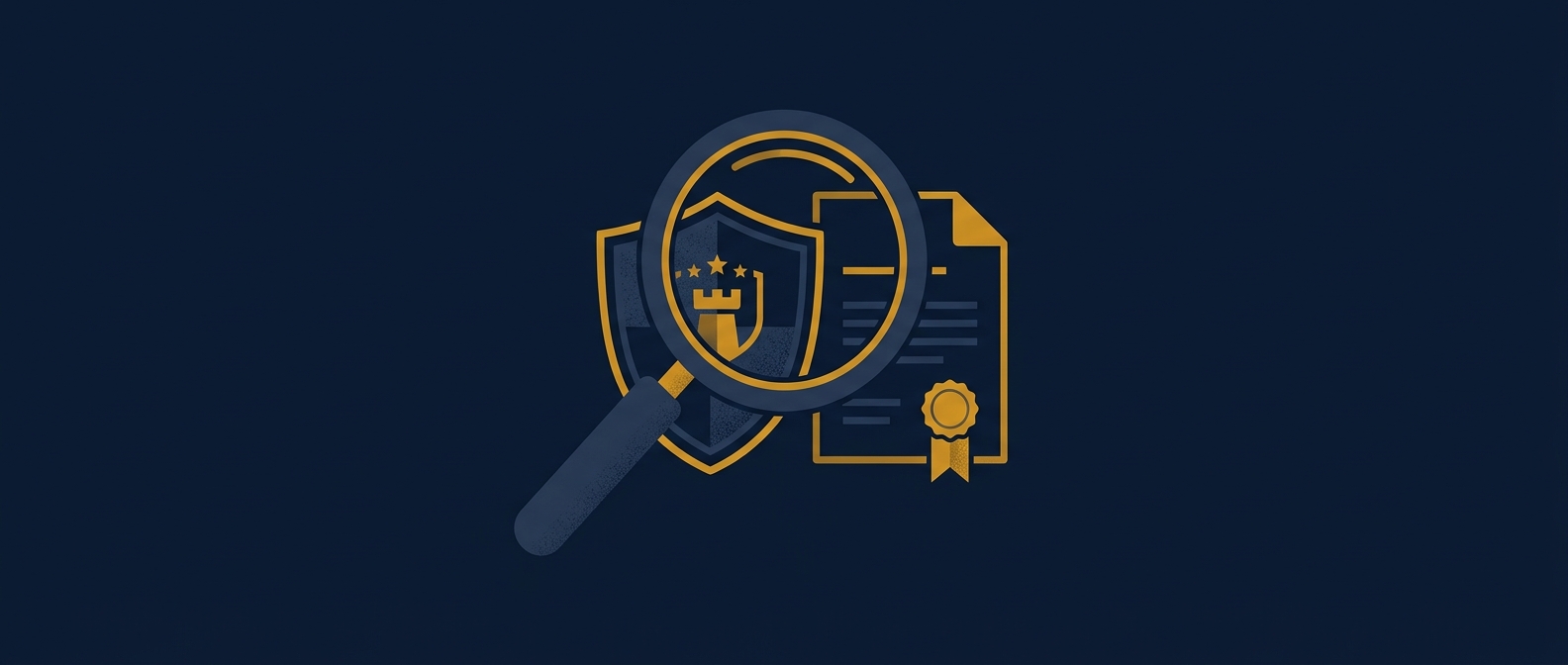 Checklist and shield concept for vetting a security guard company's license and insurance in navy and gold