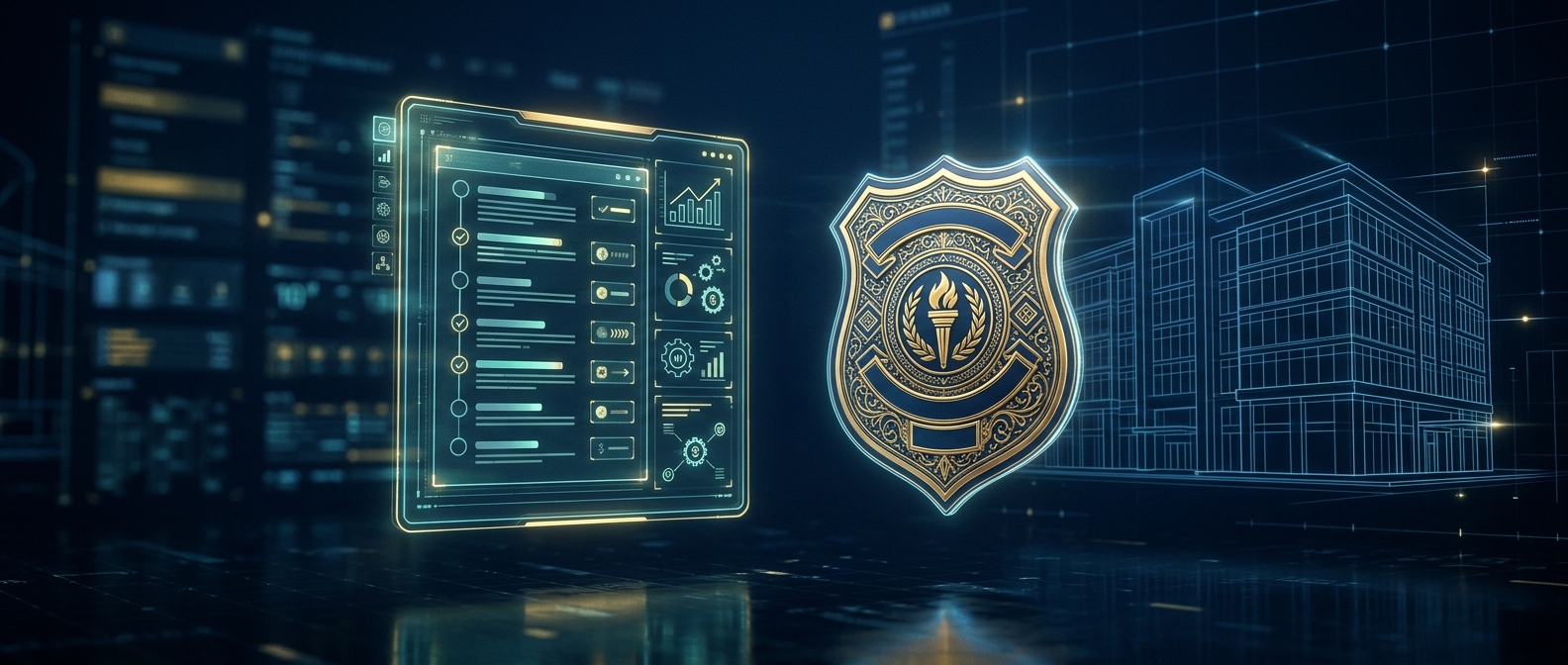Concept of vetting and choosing a licensed Arizona security guard company with a checklist and shield in navy and gold