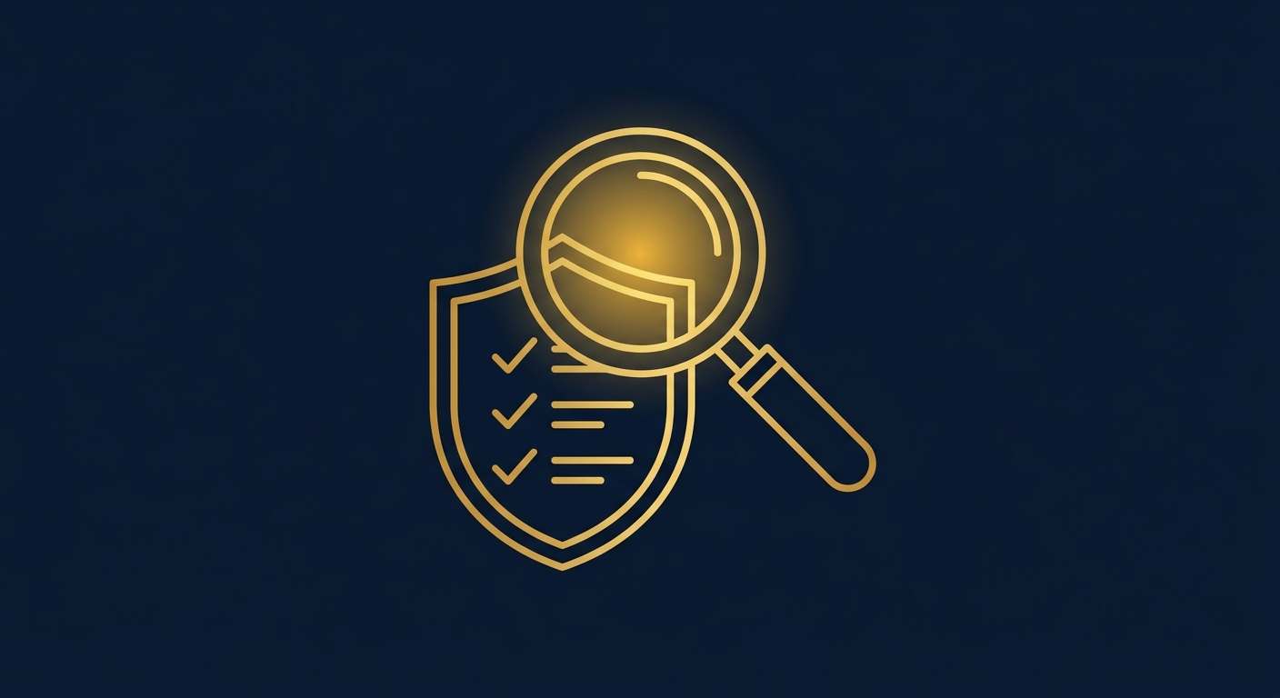 Abstract illustration of a magnifying glass over a shield and checklist symbolizing executive protection vetting, dark navy and gold color scheme