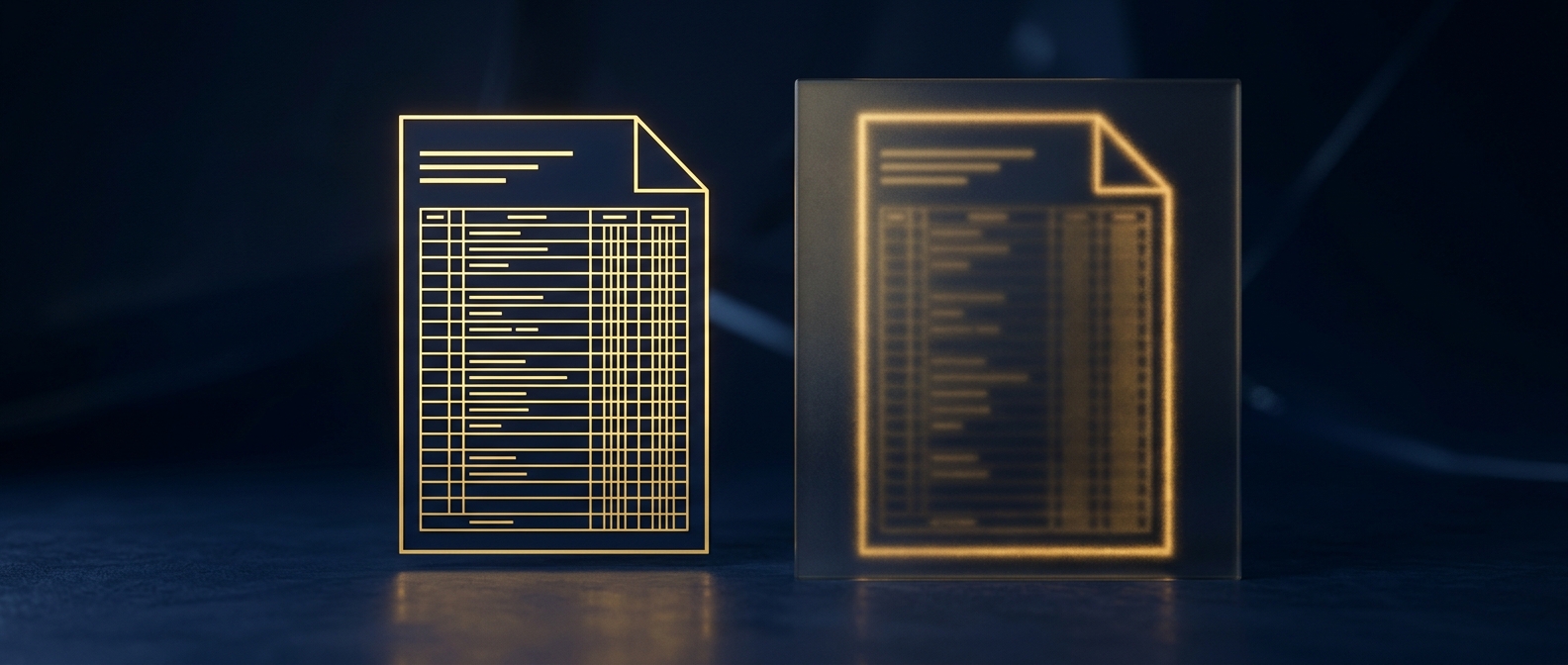 Side-by-side comparison of a fully verifiable domestic record and a partially obscured foreign record, rendered in navy and gold