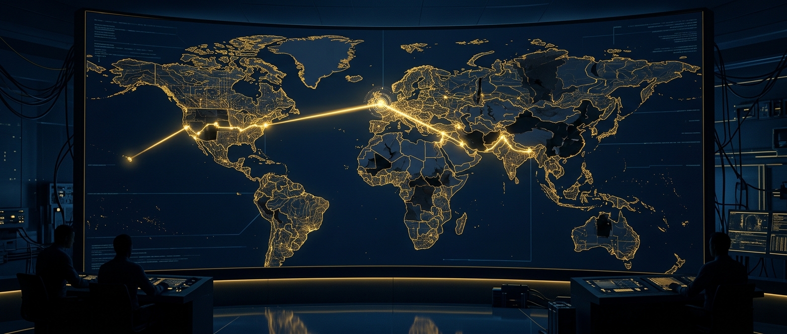 Global background check verification concept showing data gaps and cross-border record limits in navy and gold