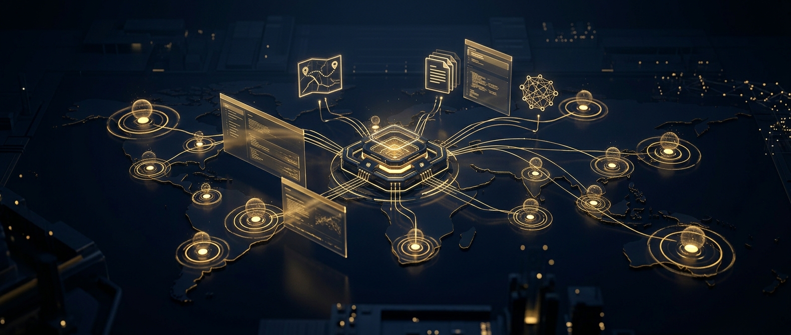 Concept of an international travel risk management program showing a central command hub connected to multiple global risk-tier nodes, policy panels, and a vetted-partner network in navy and gold