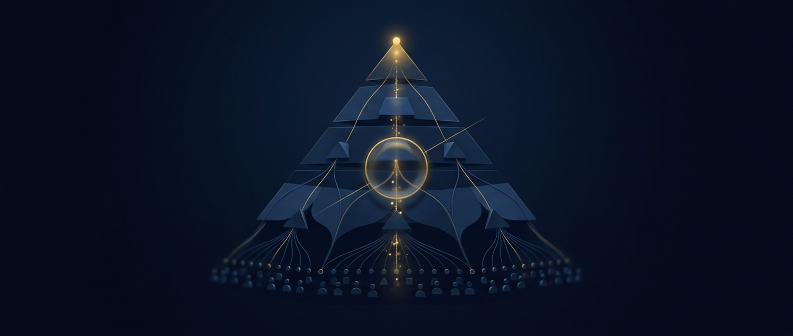 Layered fund and limited-partner structure resolved by an analytical lens tracing true source of capital, rendered in navy and gold