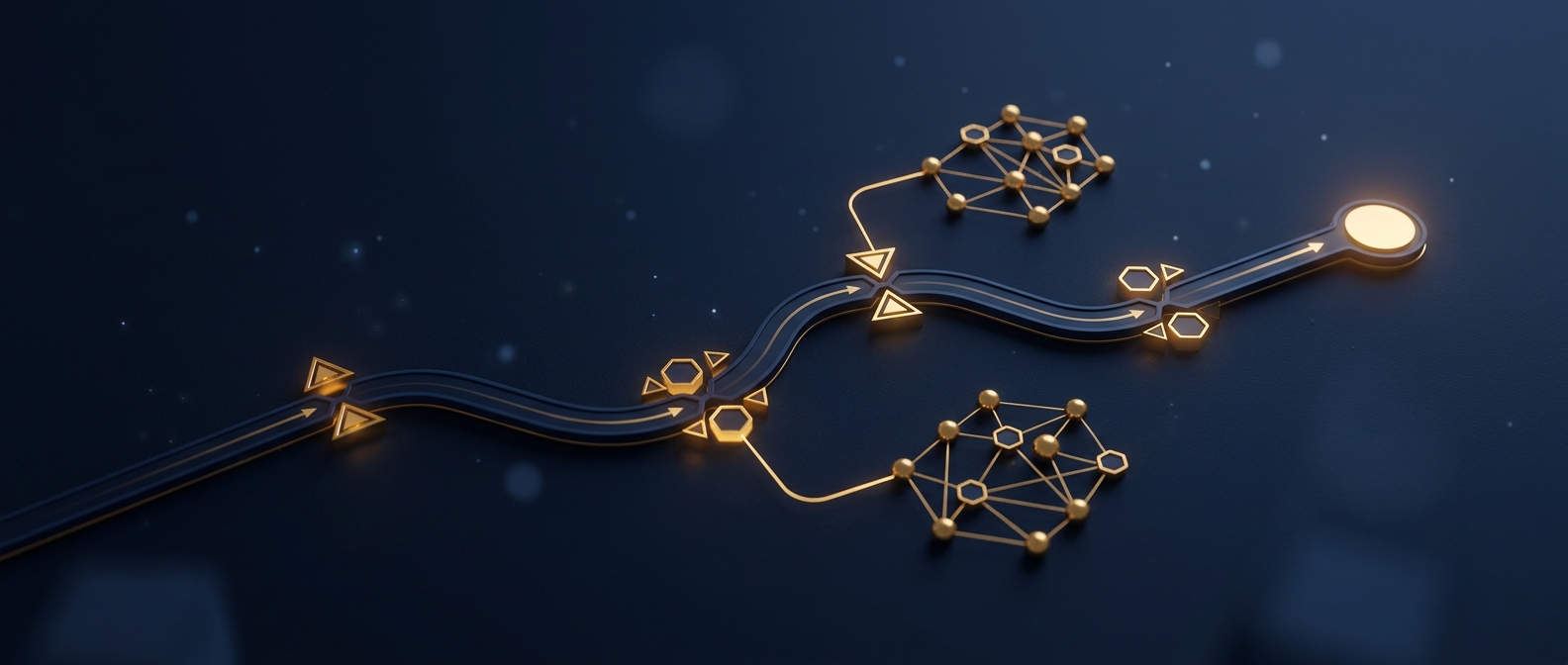 Concept of a traveling executive's route through an elevated-risk region with surveillance and chokepoint indicators mapped against a pre-established response chain in navy and gold