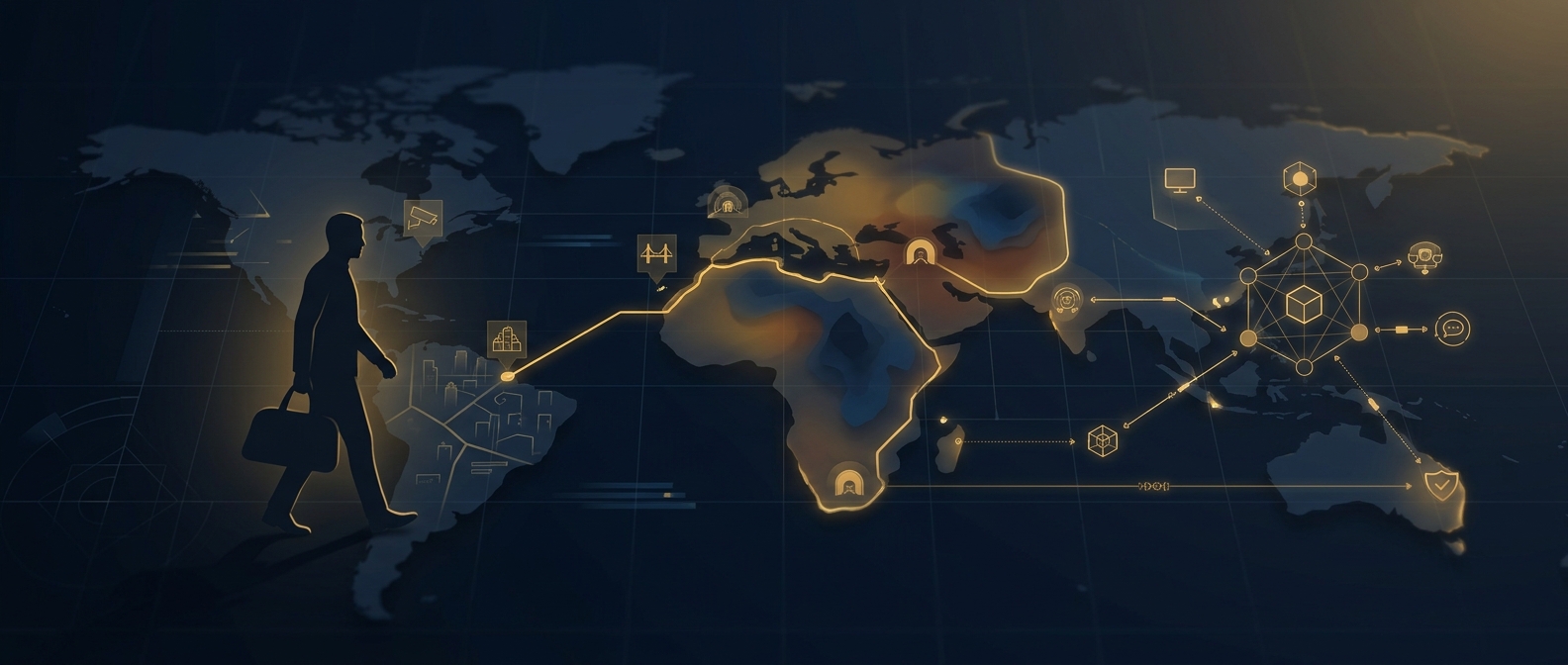 Concept of kidnap and ransom preparedness showing a traveling executive's route through an elevated-risk region with surveillance markers and a standing protective response network in navy and gold