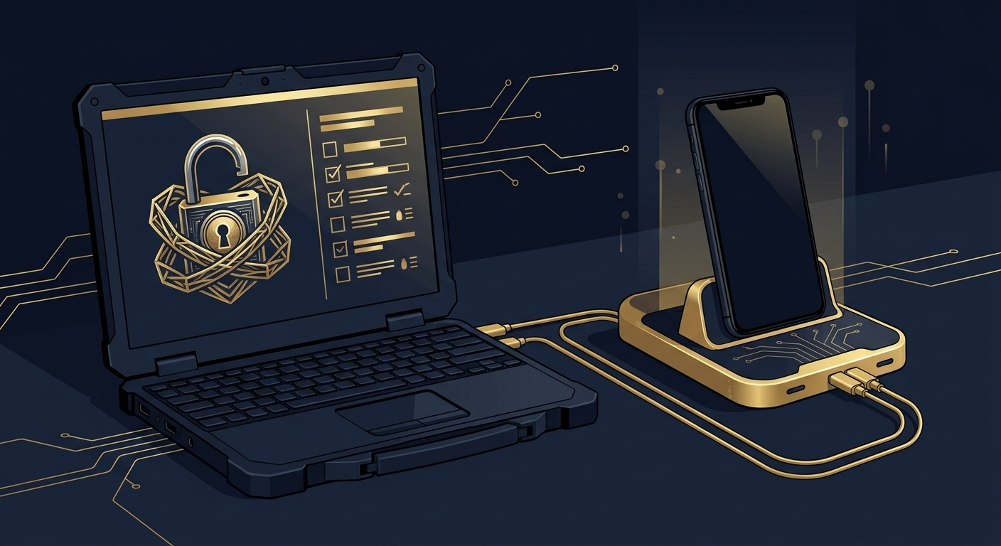 Forensic examiner workstation showing a smartphone connected to a mobile extraction unit with an encrypted evidence vault icon