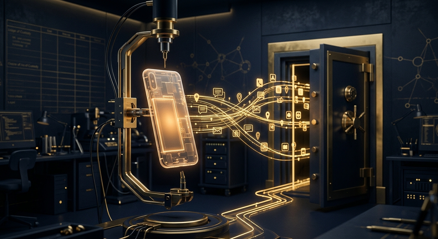 Smartphone connected to a forensic extraction rig with data streams flowing into a secure evidence vault
