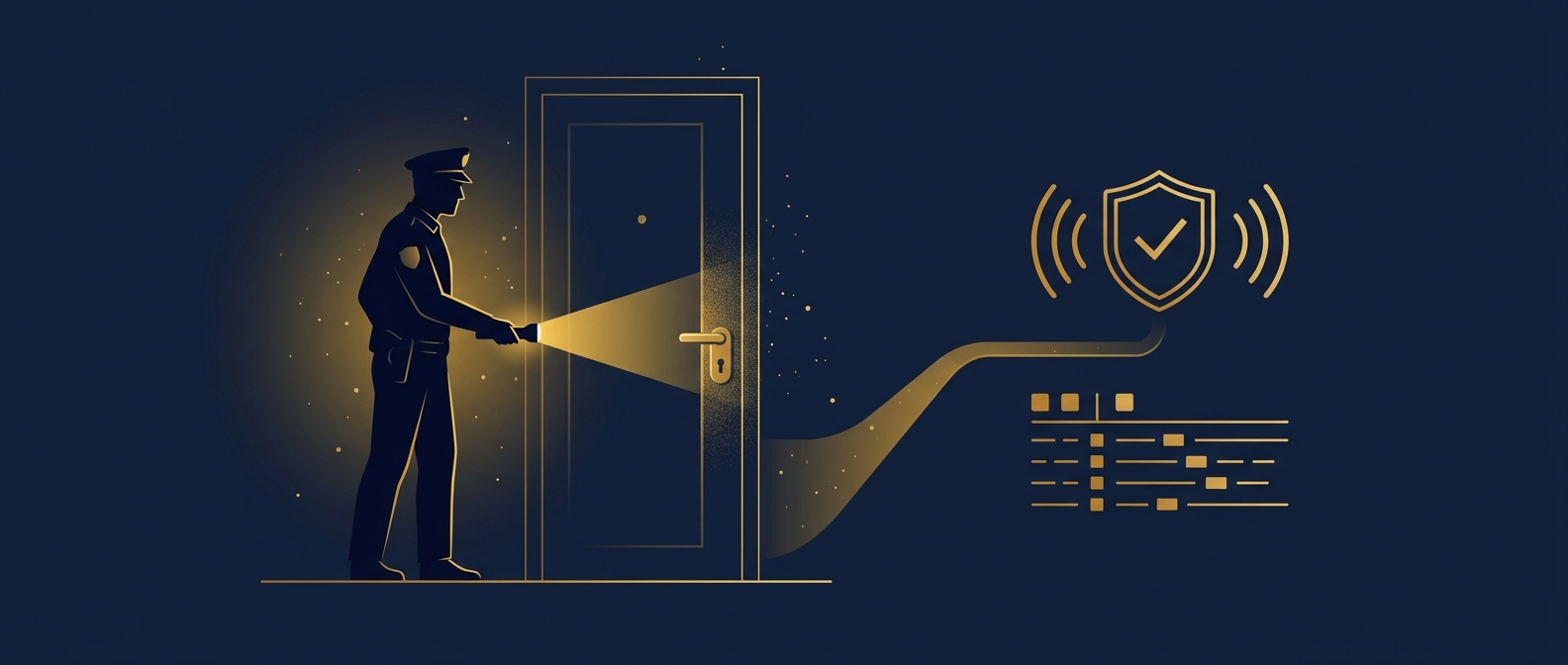 Mobile patrol officer verifying a checkpoint with timestamped log concept in navy and gold