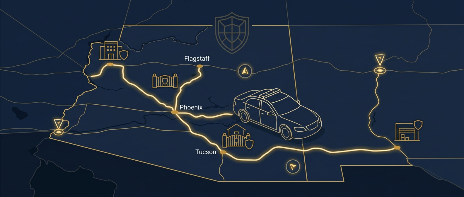 Concept of statewide Arizona mobile patrol security connecting multiple properties along a GPS route in navy and gold