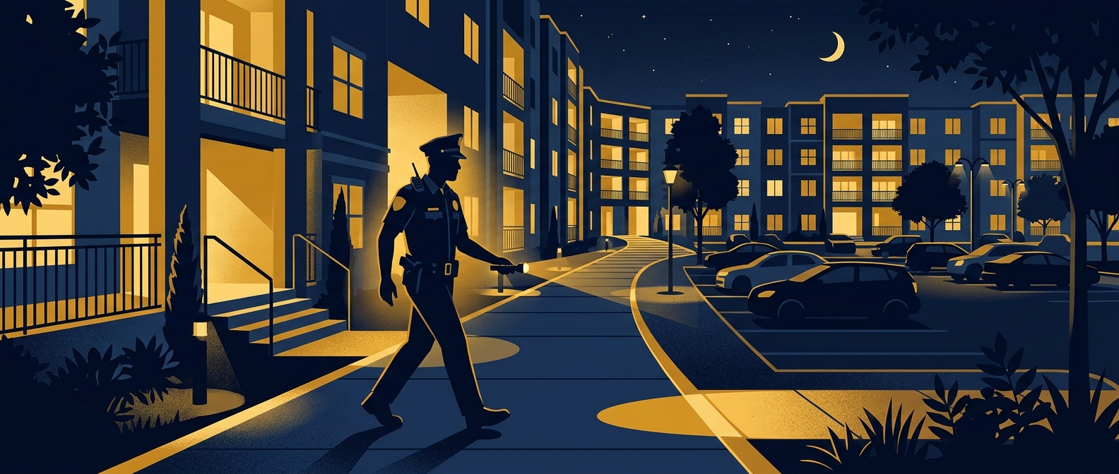 Conceptual illustration of a security officer patrolling an apartment community breezeway and parking area at night in navy and gold