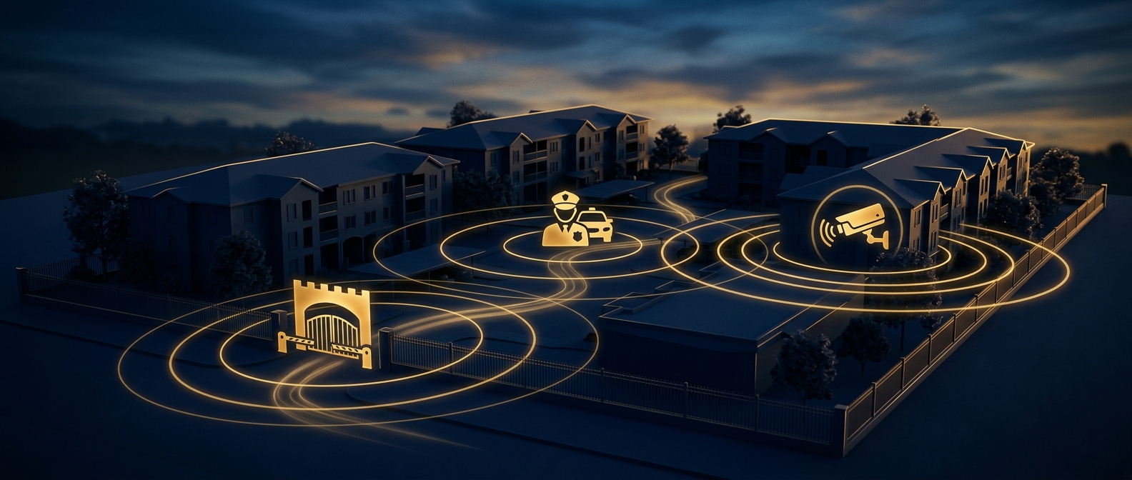 Conceptual illustration of layered multifamily apartment community security covering access control, lighting, and patrol in navy and gold