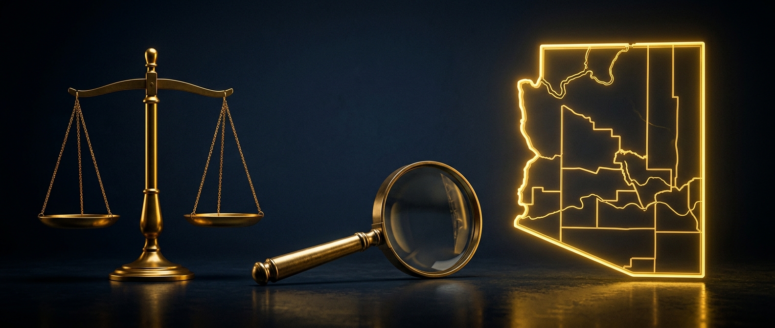Arizona private investigator legal limits concept with a magnifying glass and scales of justice in navy and gold