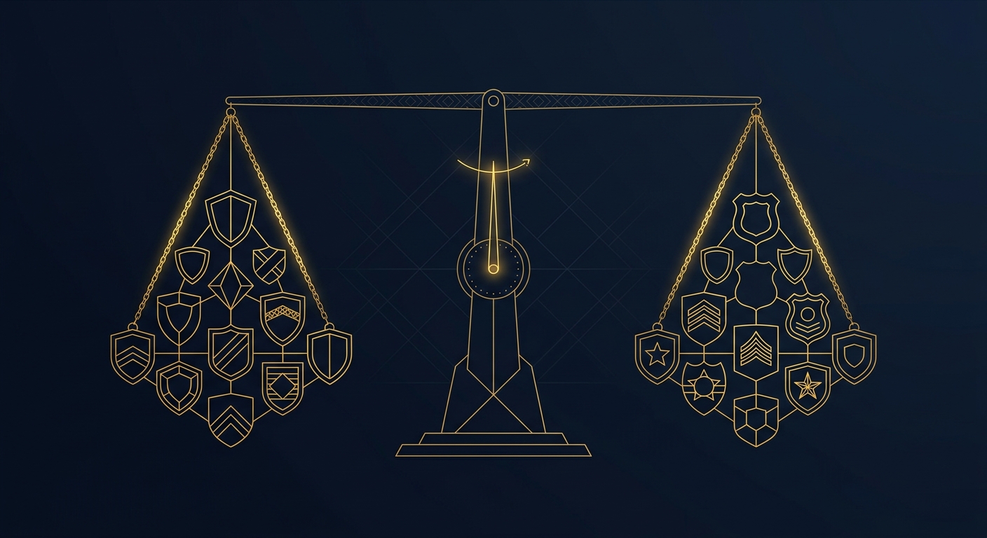 Abstract balanced scale illustration comparing private security and off-duty police, dark navy background with gold accents