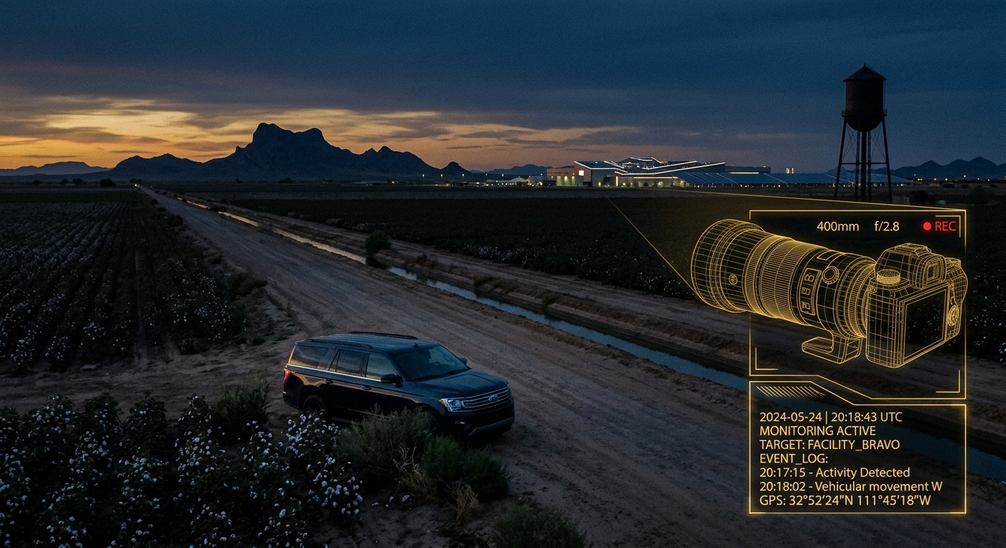 Conceptual surveillance operation near Casa Grande Arizona showing a discreet vehicle, farmland, and a timestamped activity-log overlay in navy and gold