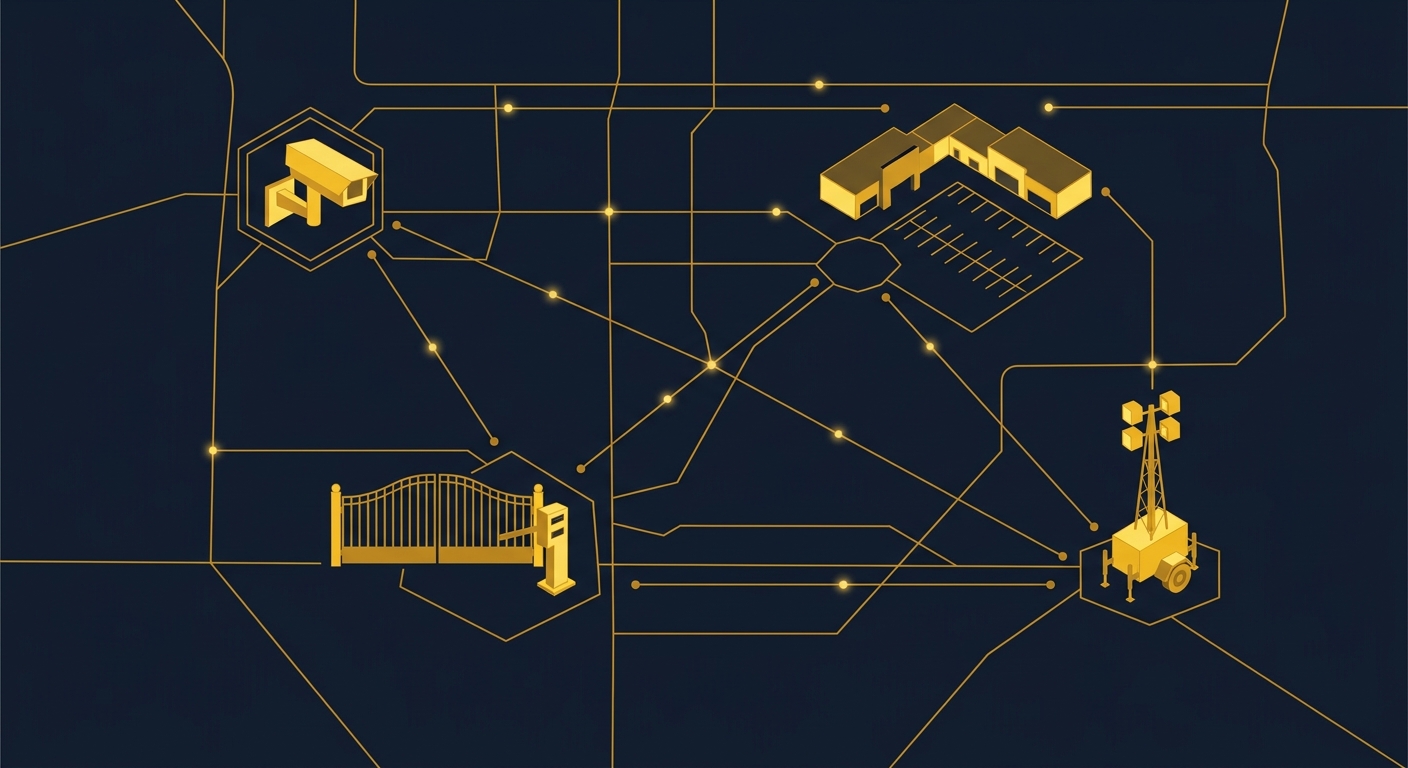 Navy and gold conceptual map linking a Chandler corporate campus, retail lot, gated-community entrance, and construction site under one monitored camera network