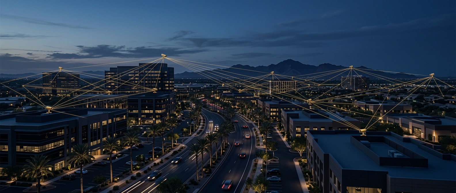 Conceptual navy and gold image of Chandler Arizona's business skyline with a connected rooftop camera monitoring network