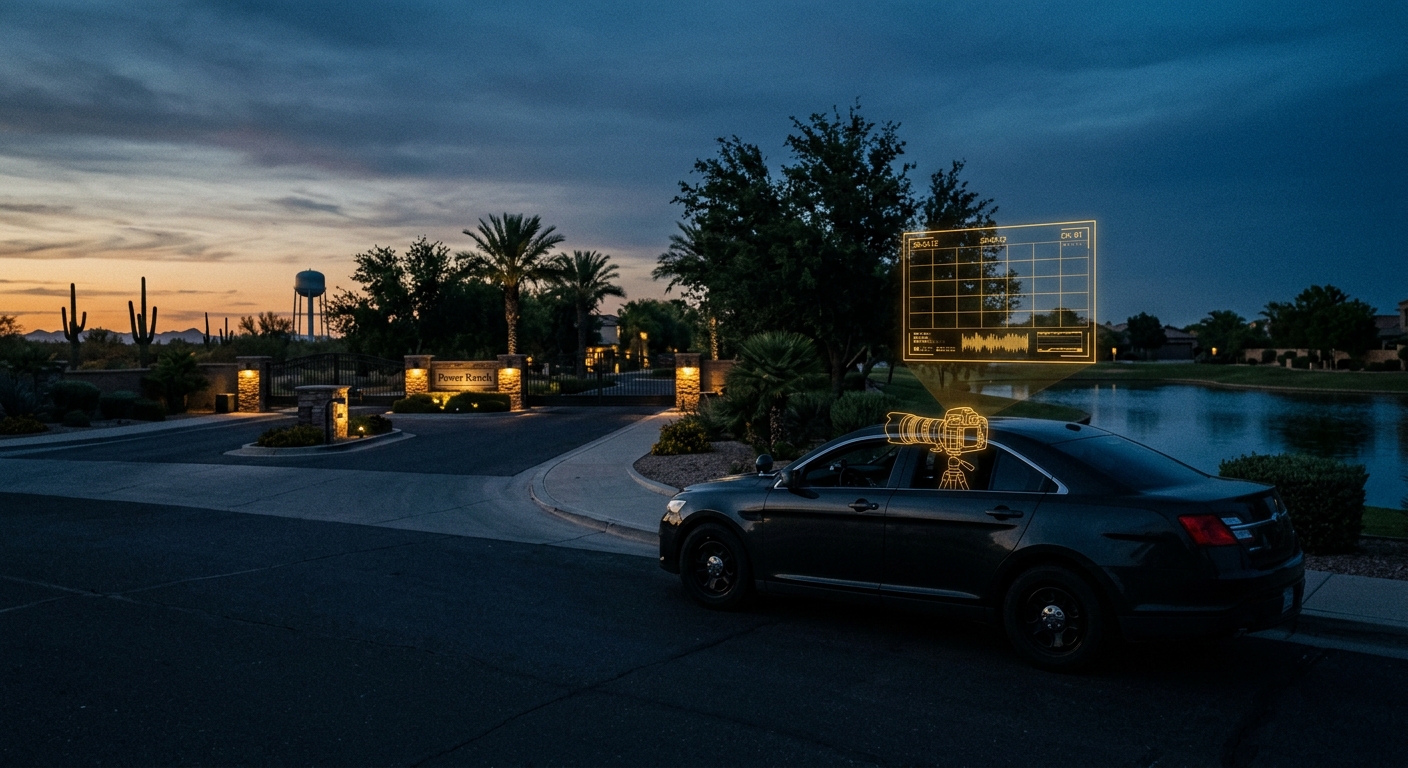 Discreet surveillance concept near a gated Gilbert Arizona master-planned community entrance in navy and gold