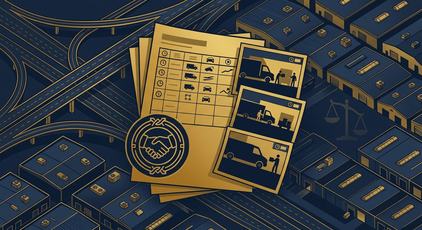 Court-ready surveillance deliverable concept showing time-stamped stills, a field log, and a chain-of-custody seal over a West Valley industrial grid