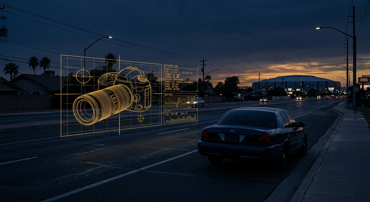Conceptual surveillance operation in Glendale Arizona showing a discreet vehicle and timestamped activity-log overlay in navy and gold