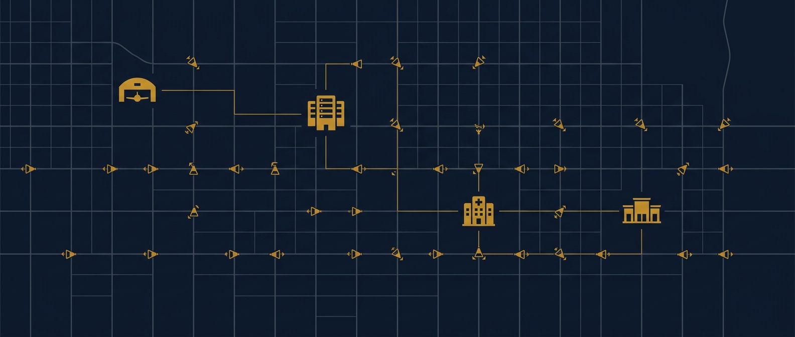 Private surveillance case map linking lawful observation points across aerospace, data-center, hospital, and retail locations in the East Valley in navy and gold