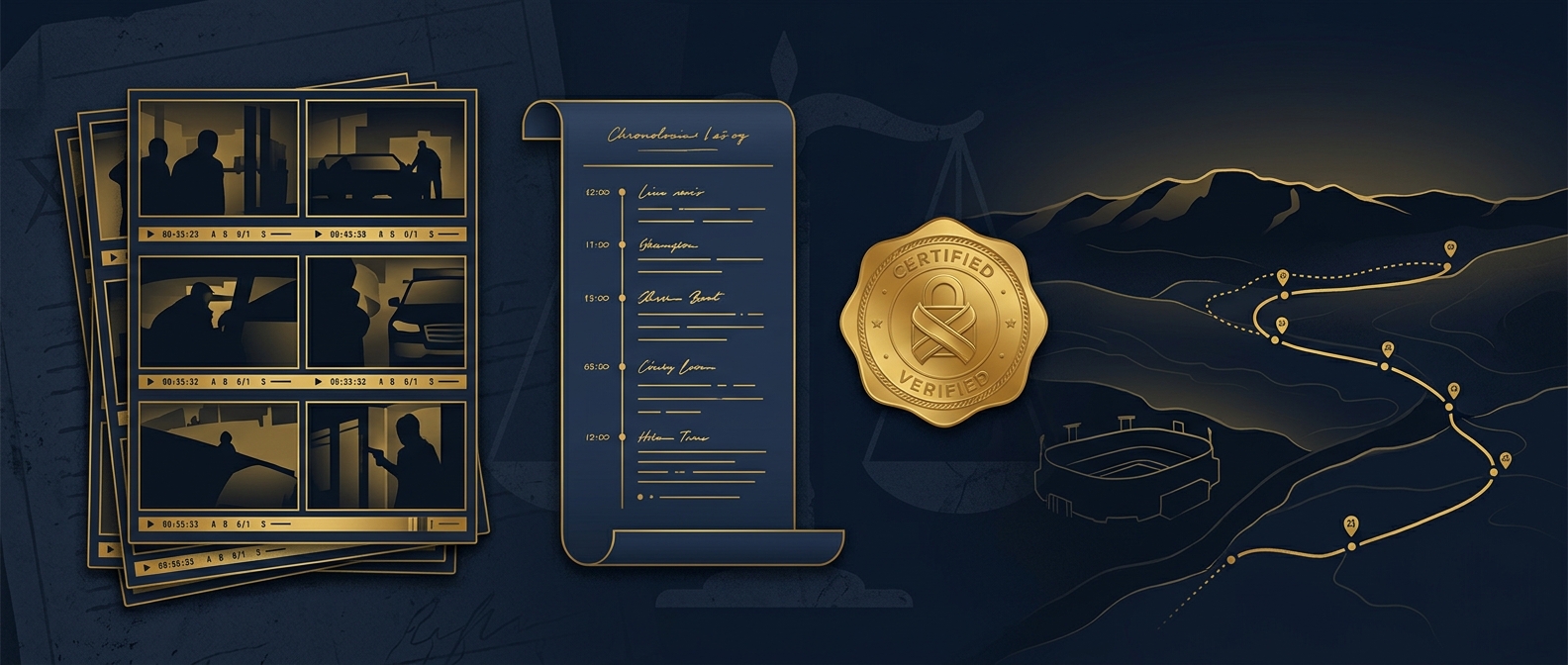 Court-ready surveillance deliverable concept showing time-stamped stills, an activity log, and a chain-of-custody seal over a north Peoria desert map