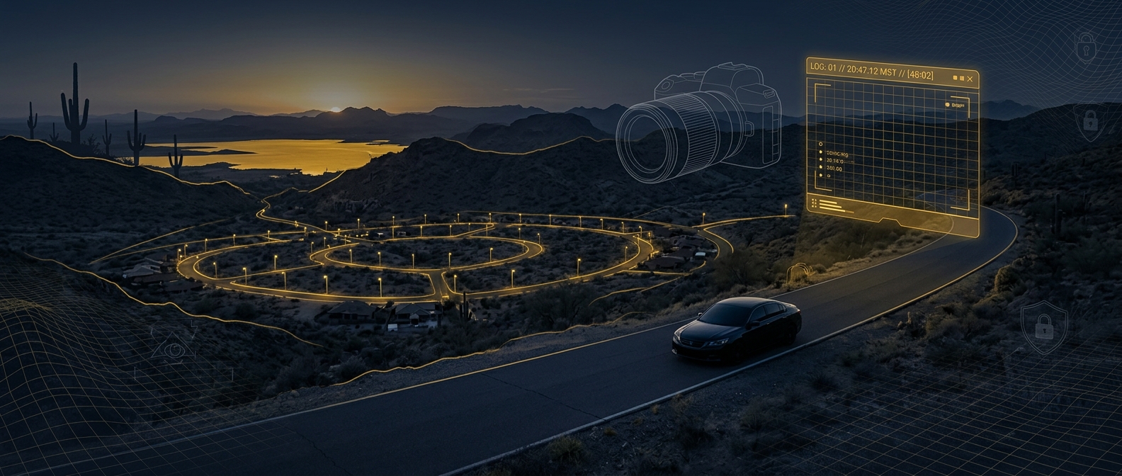 Covert surveillance concept near a gated Peoria, Arizona master-planned community with Lake Pleasant desert ridgeline and a timestamped video-log overlay in navy and gold