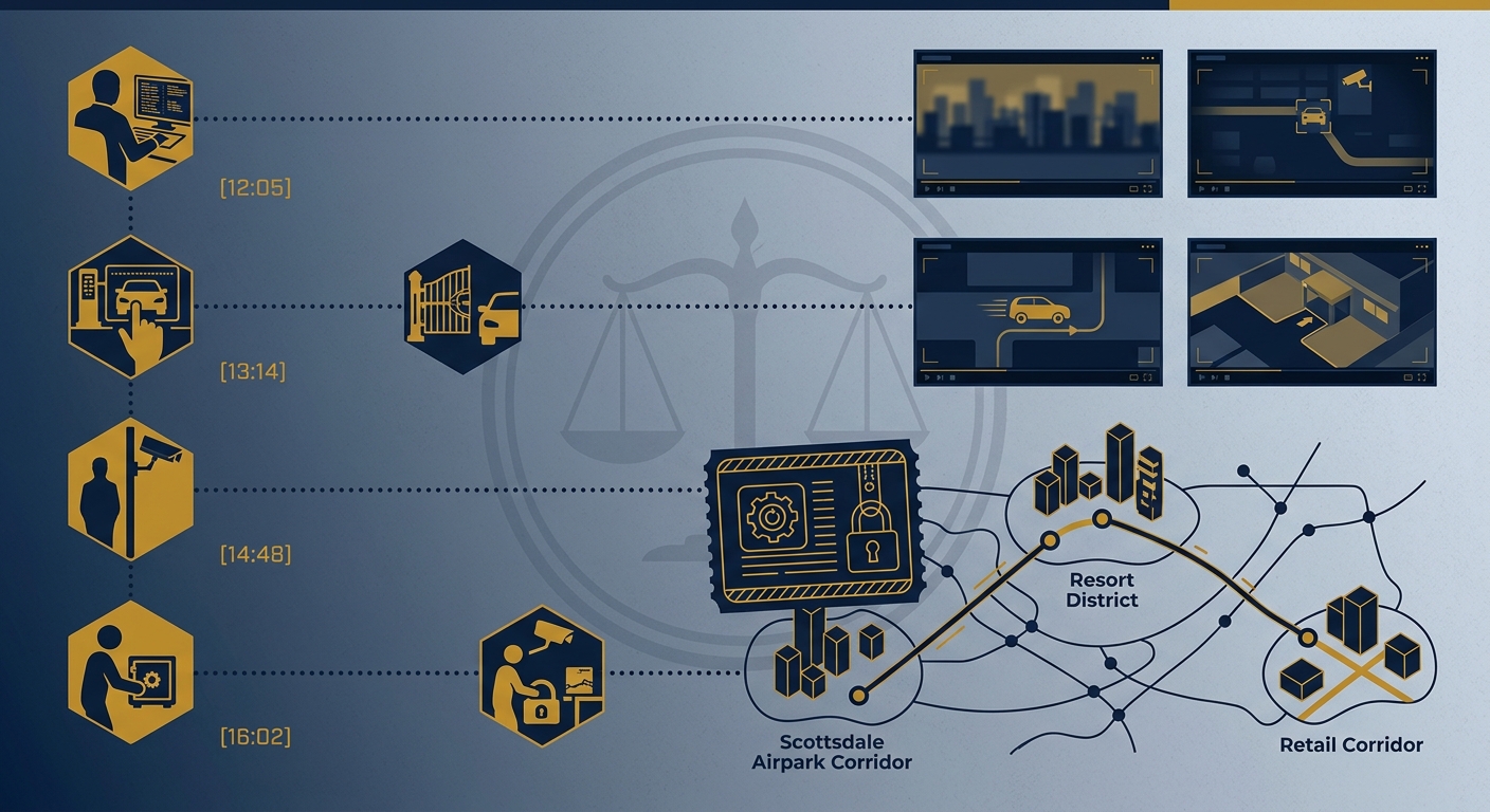 Conceptual chain-of-custody surveillance report deliverable over a stylized Scottsdale Airpark and resort corridor map, dark navy and gold