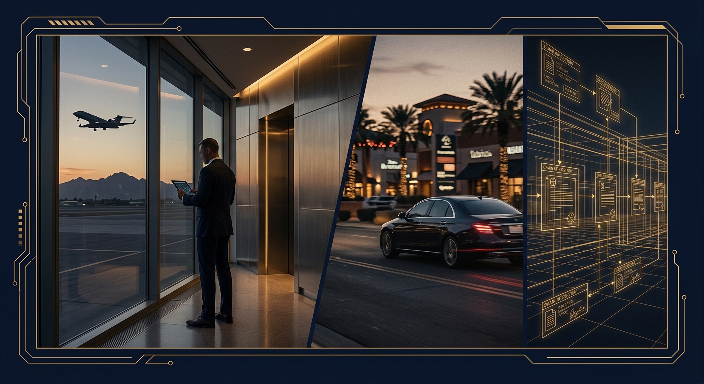 Conceptual business surveillance scene near the Scottsdale Airpark corporate corridor in navy and gold