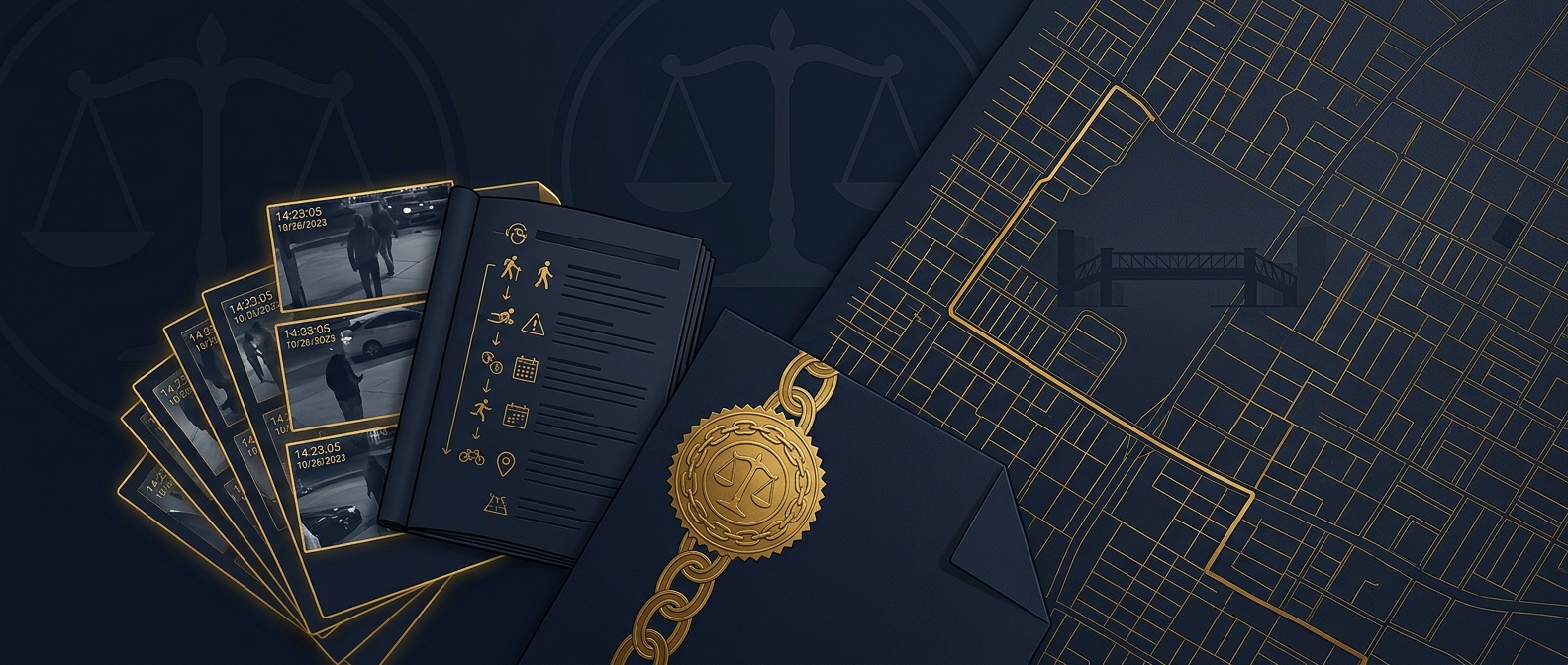 Court-ready surveillance deliverable concept showing time-stamped stills, activity log, and chain-of-custody seal over a stylized Tempe street-grid map