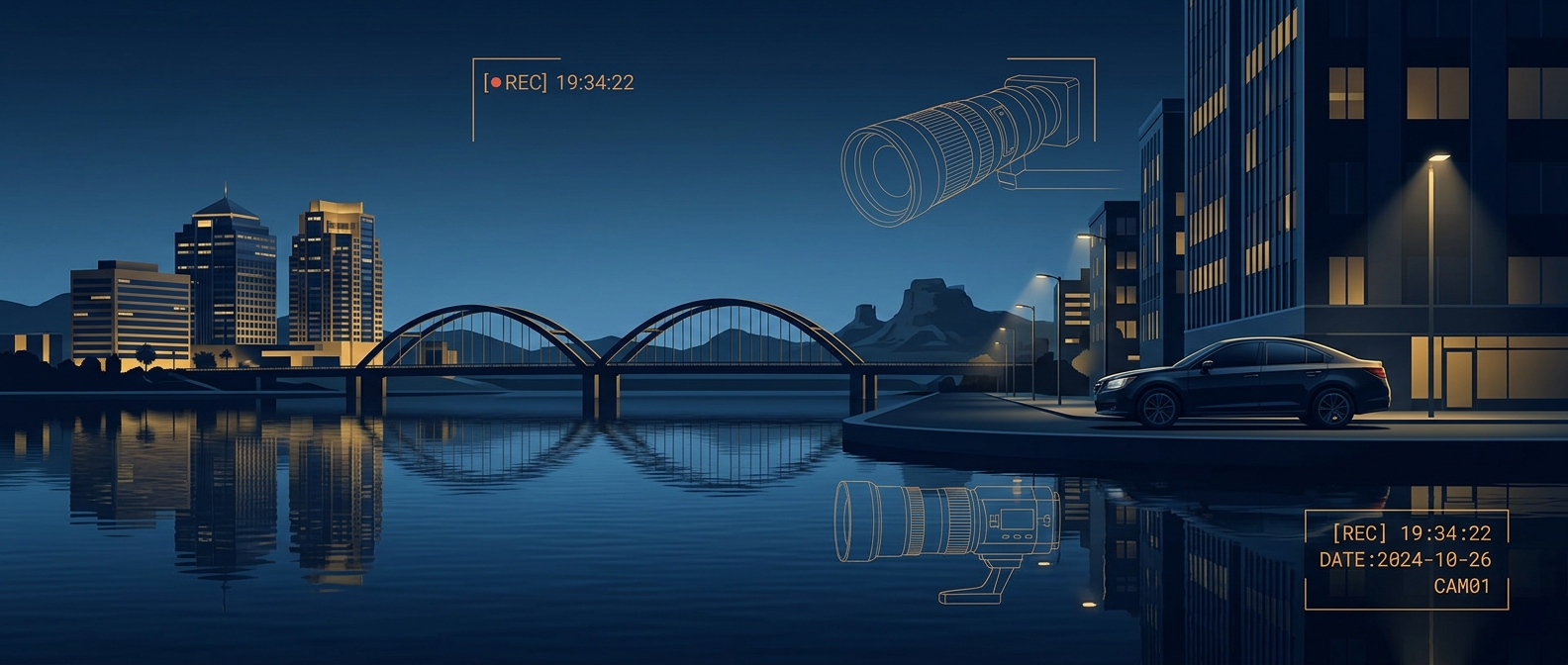 Conceptual covert surveillance scene over a stylized Tempe Town Lake skyline at dusk with a discreet vehicle and timestamped video-log overlay in navy and gold