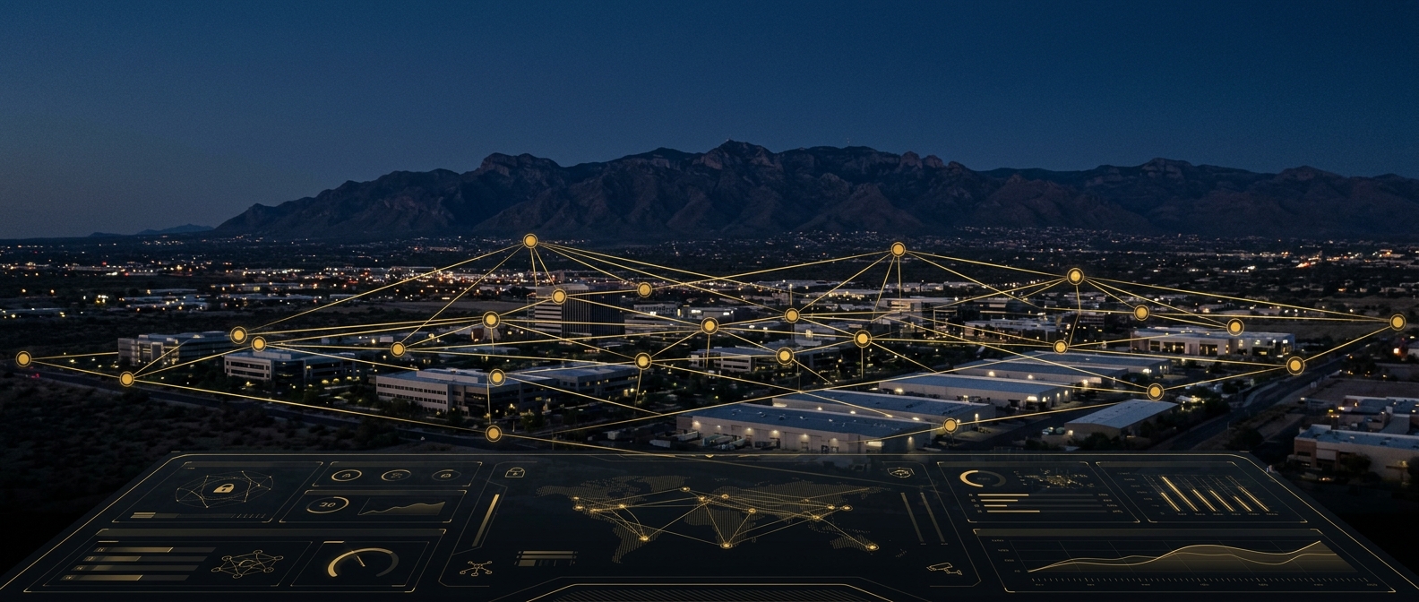 Conceptual layered camera and remote-monitoring network over the Tucson skyline and Santa Catalina Mountains in navy and gold