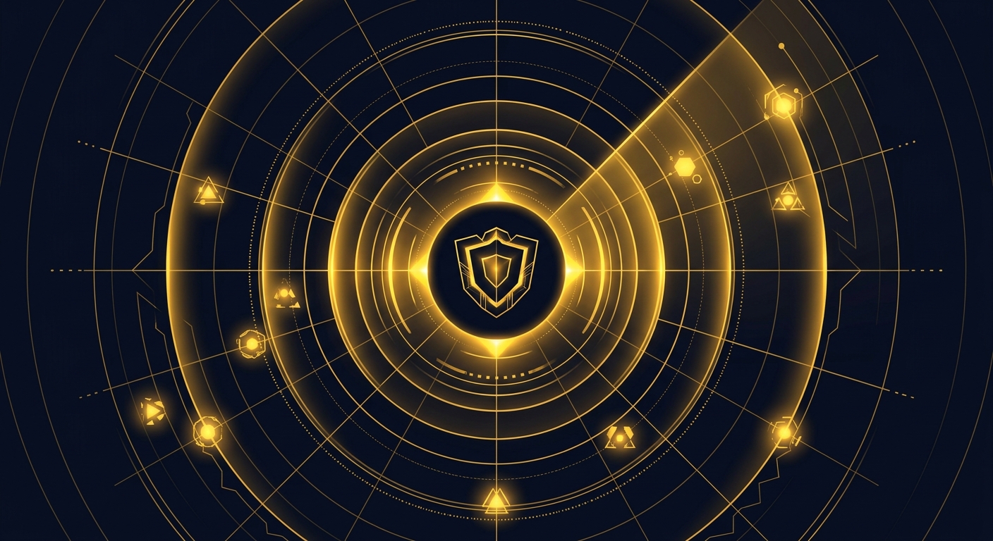 Abstract radar wave illustration symbolizing protective intelligence and early threat detection, dark navy and gold color scheme