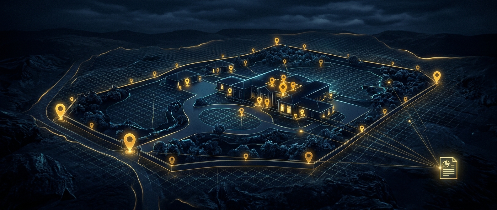 Conceptual visualization of a residential security assessment scanning an estate's perimeter, grounds, structure, and core for risk in navy and gold