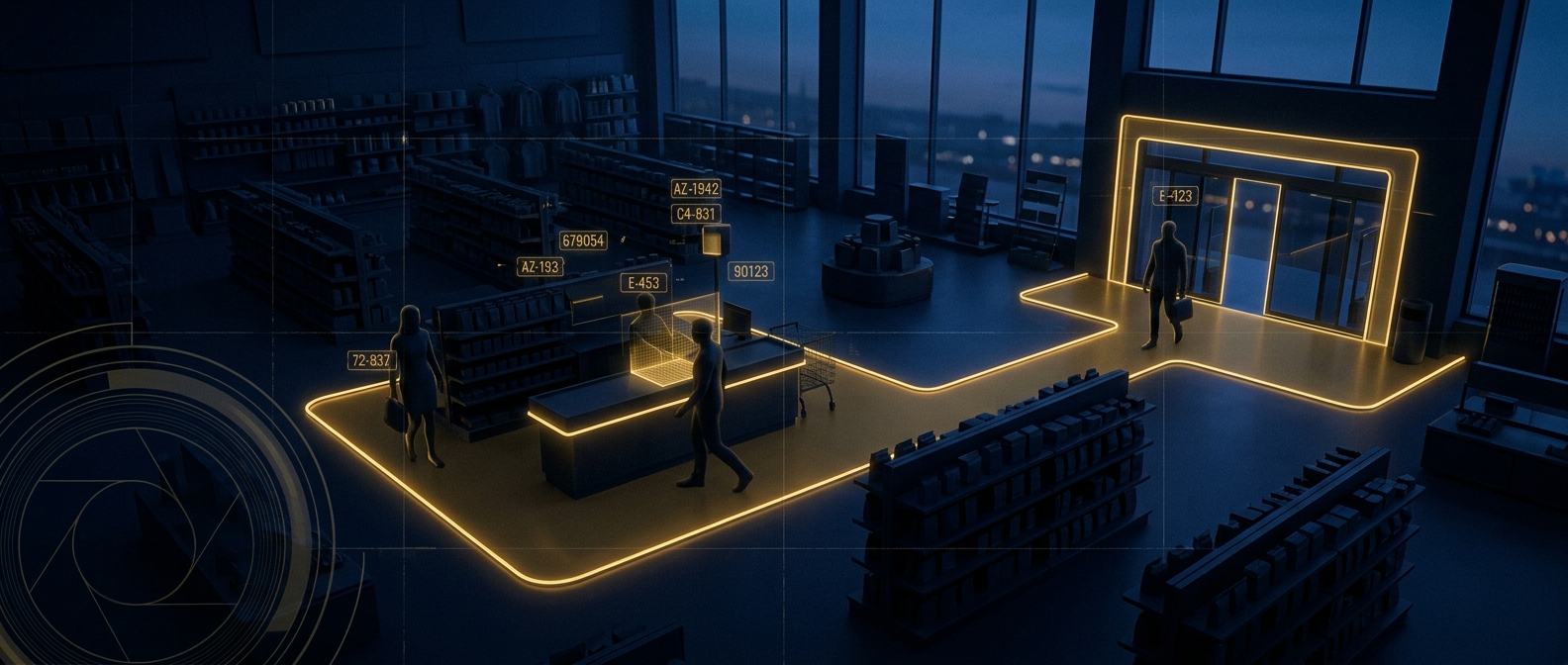 Conceptual overhead security-camera view of a retail sales floor and entrance representing loss prevention