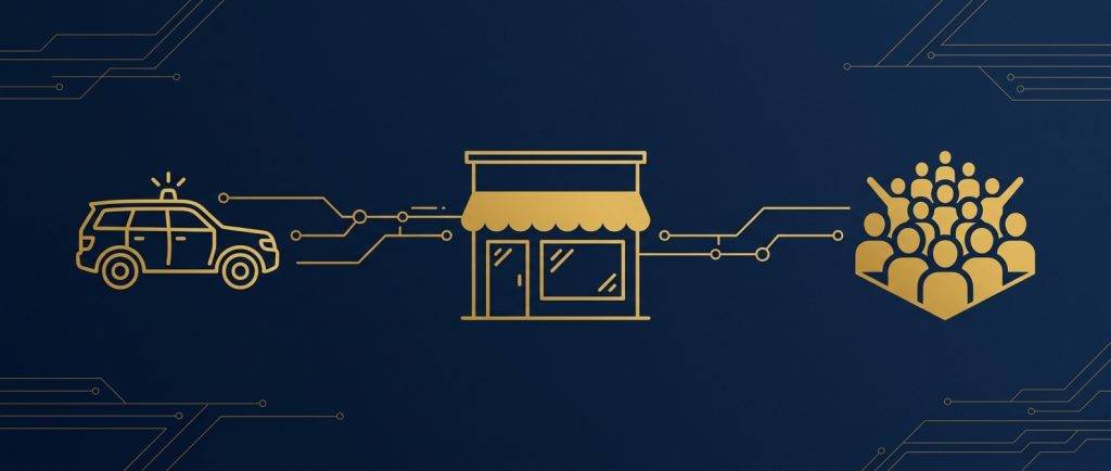 Icons for retail, event, and mobile patrol security coverage connected in a coverage map for Apache Junction Arizona in navy and gold