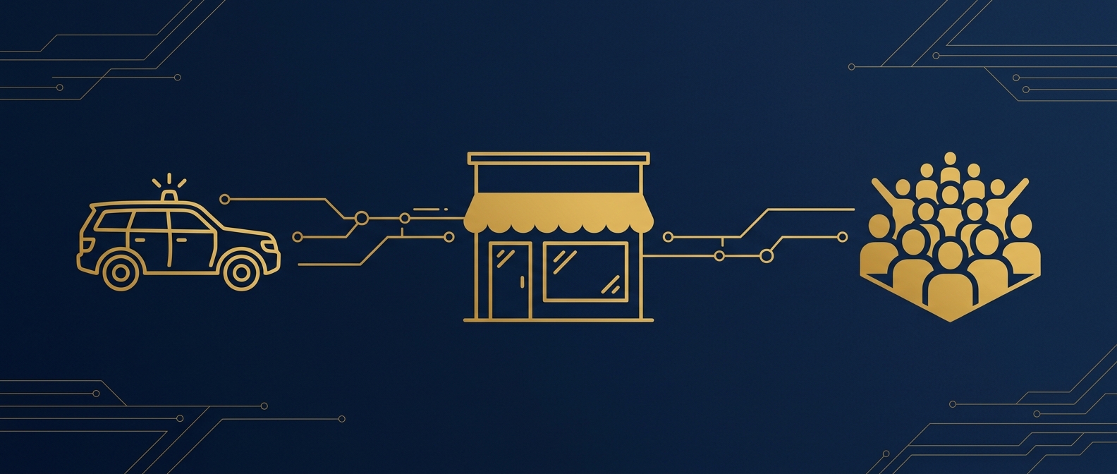 Icons for retail, event, and mobile patrol security coverage connected in a coverage map for Apache Junction Arizona in navy and gold