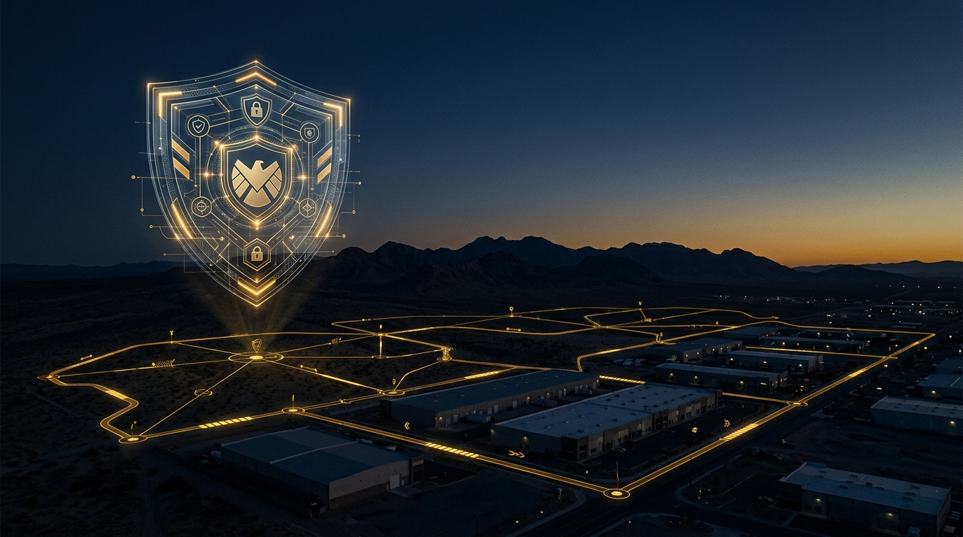 Concept of licensed armed and unarmed security guard services in Apache Junction Arizona with a shield and patrol route over a desert commercial corridor in navy and gold