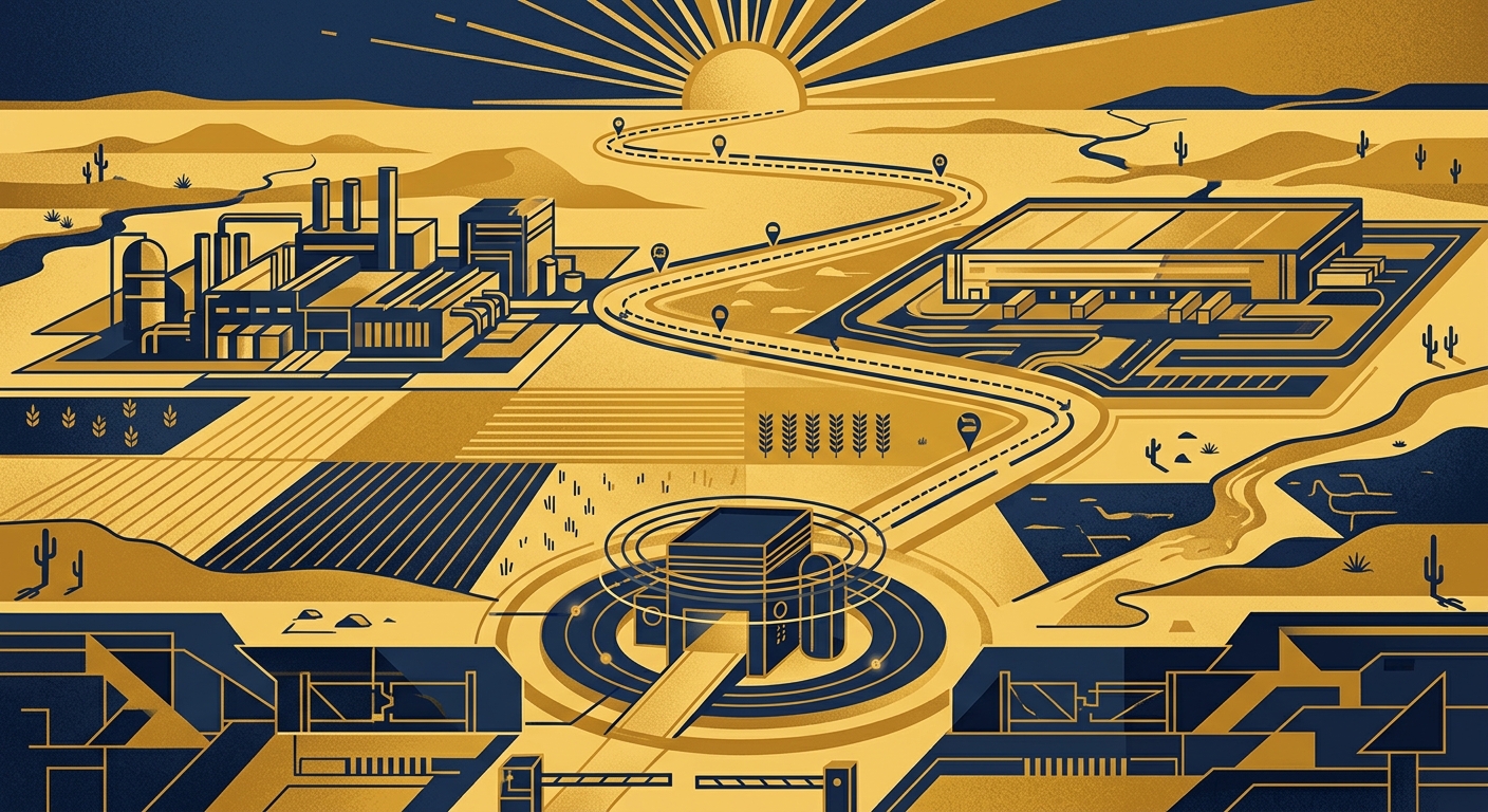 Conceptual layered facility security diagram showing perimeter, gatehouse, and rural mobile patrol nodes across a Casa Grande industrial and agricultural landscape in navy and gold