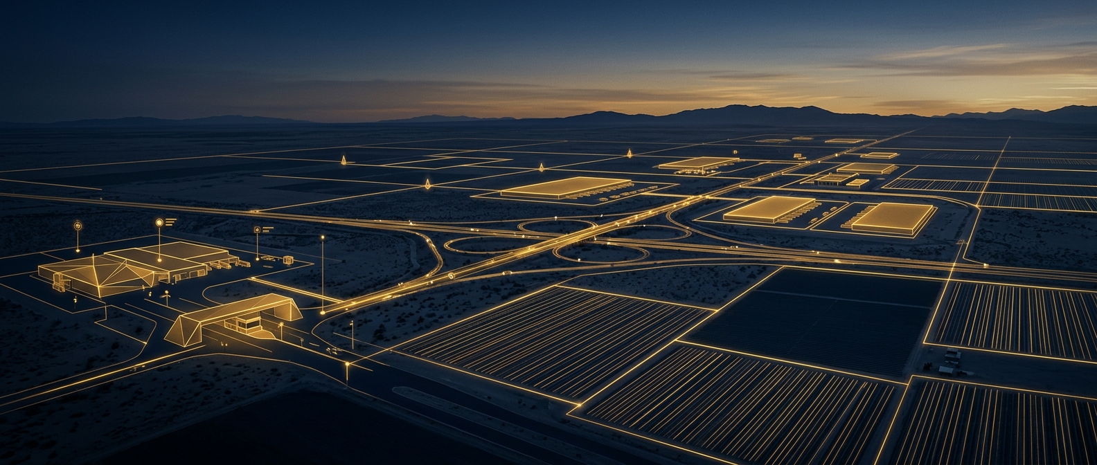 Conceptual security operations map of Casa Grande, Arizona showing manufacturing, logistics, and agricultural nodes in navy and gold at dusk