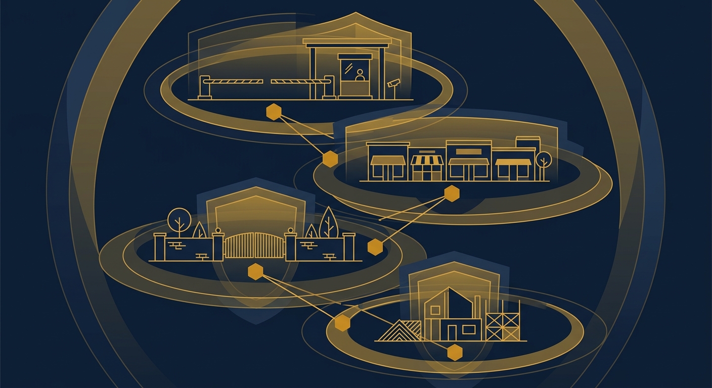 Navy and gold conceptual map linking a Chandler corporate campus, retail center, gated community, and construction site under one security program