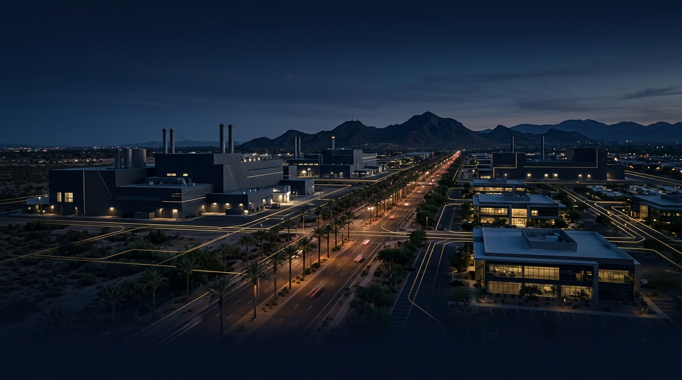 Conceptual navy and gold image of Chandler Arizona's Price Road corporate technology corridor with patrol route lines