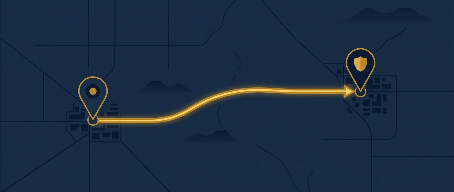 Map concept showing fast security guard response from a Casa Grande headquarters to Coolidge, Arizona in navy and gold
