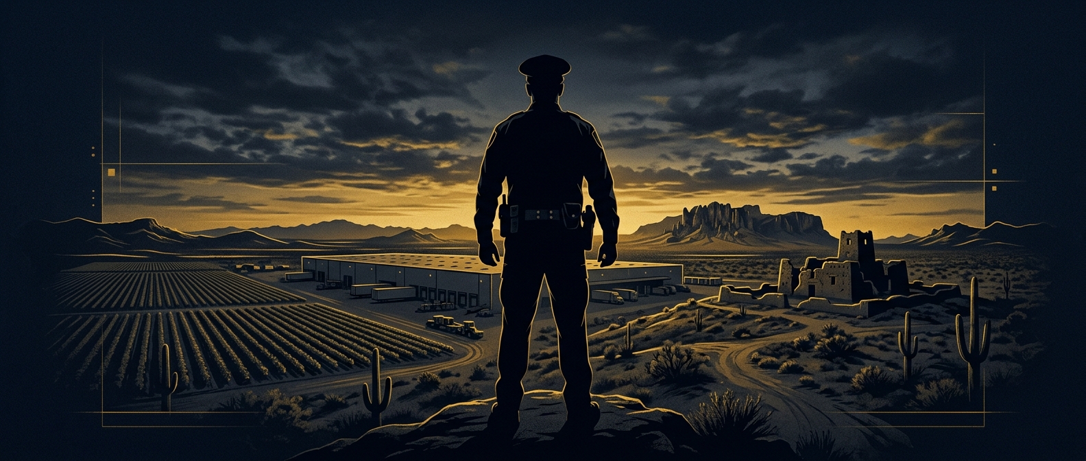 Concept of professional armed and unarmed security guard services protecting Coolidge, Arizona farms, industrial sites and downtown in navy and gold