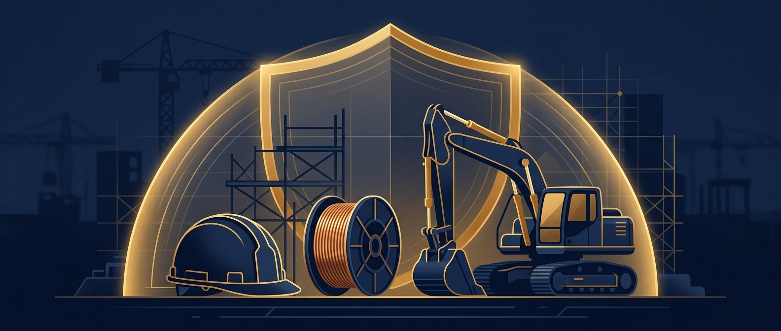 Construction site security and equipment theft prevention concept for Eloy Arizona job sites in navy and gold