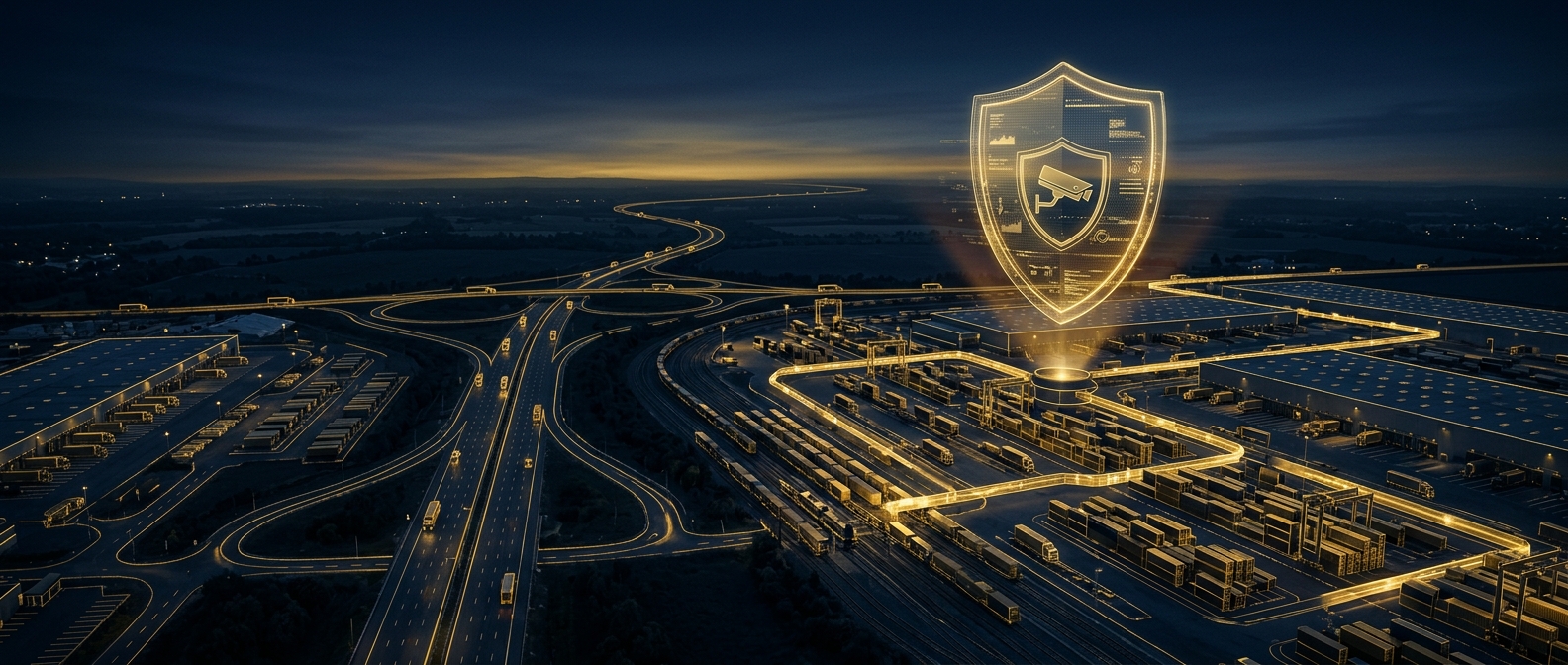 Concept of licensed security guard coverage for Eloy Arizona I-10 logistics warehouses and industrial yards in navy and gold