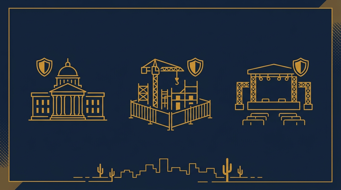 Three Florence security sectors — government, construction, and events — each protected by a shield icon in navy and gold