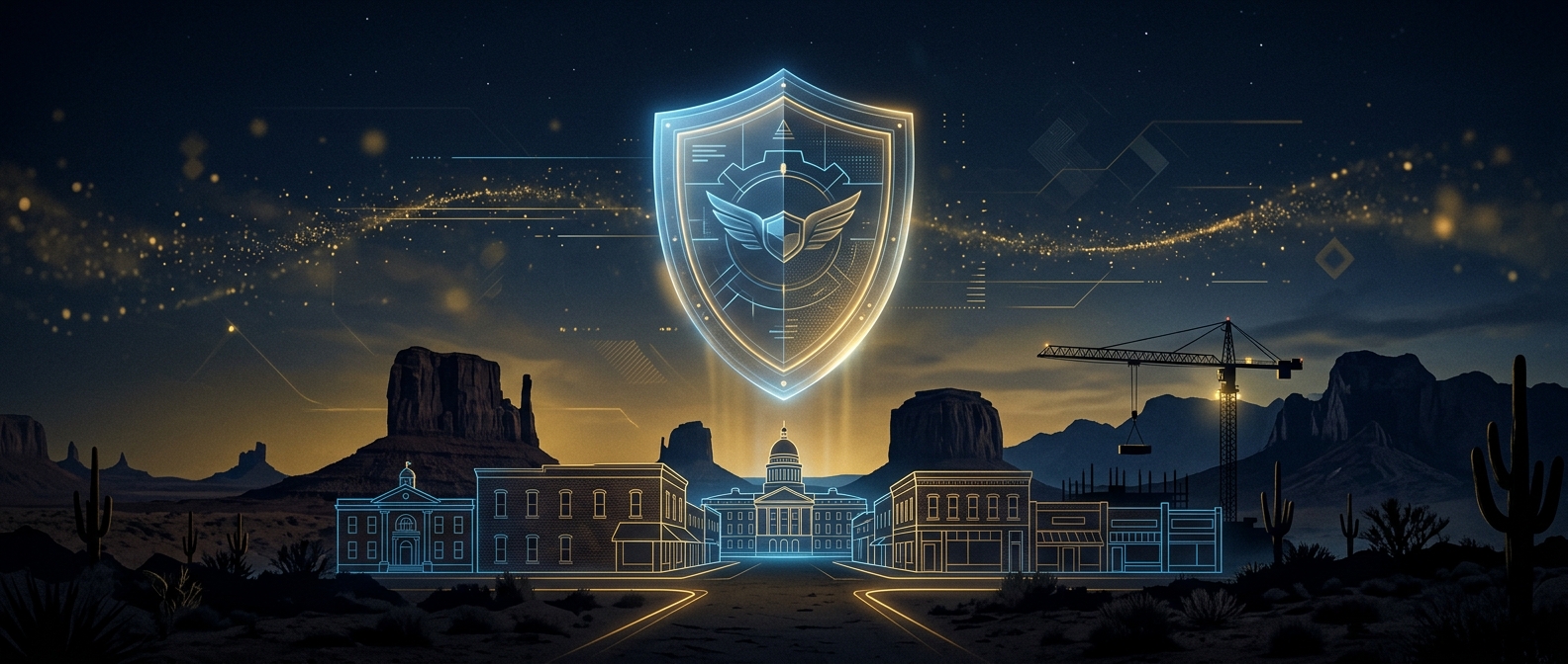 Concept of licensed security guard coverage for Florence, Arizona — county government, corrections corridor, and construction growth in navy and gold