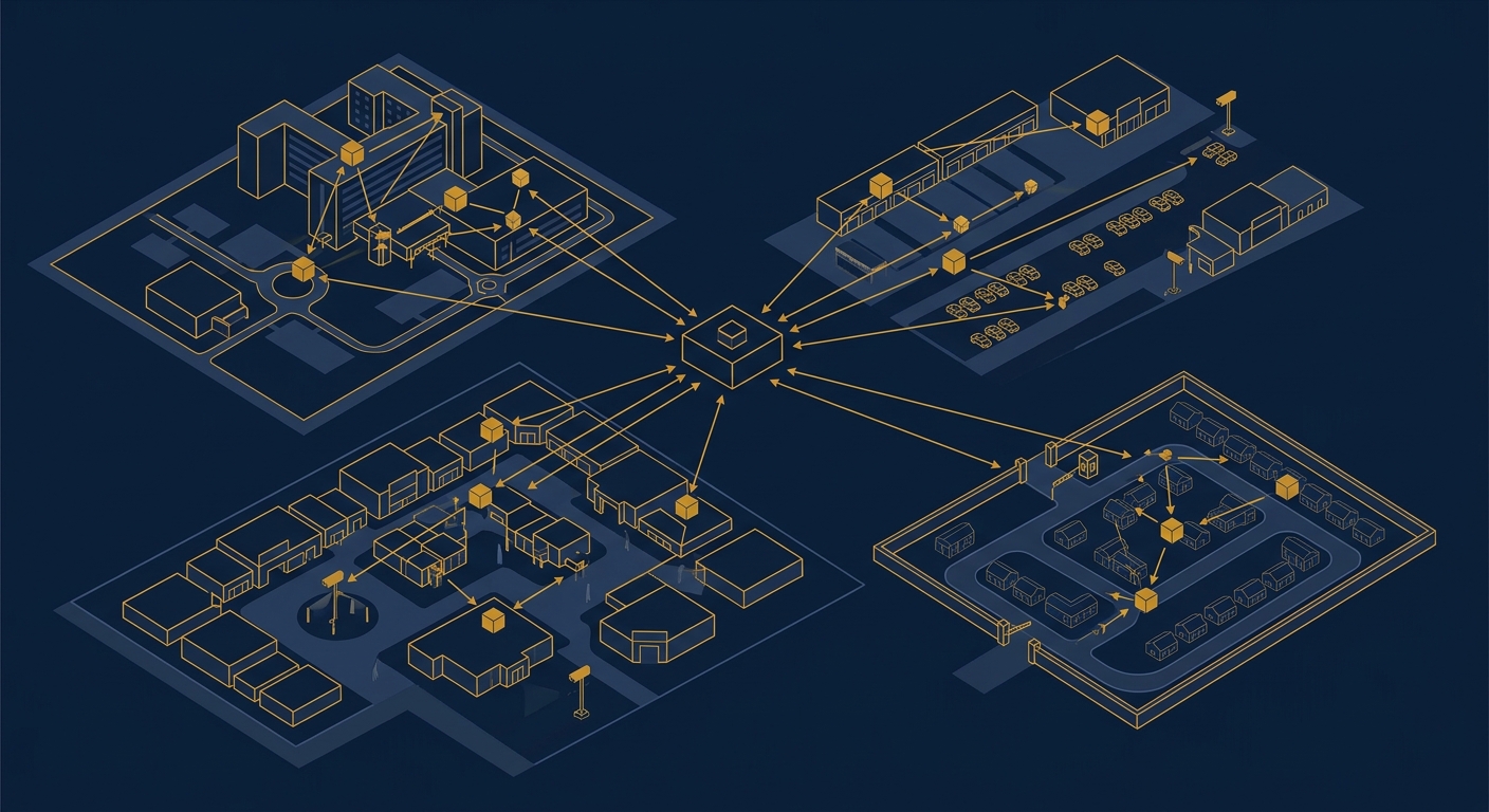 Navy and gold conceptual diagram of coordinated guard posts across a Gilbert Arizona medical campus, auto dealership row, and retail district